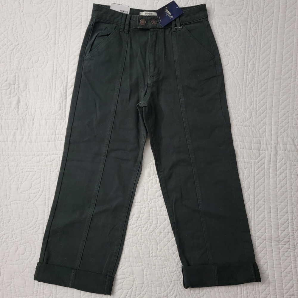 Forever 21 NWT Hunter Green High Waisted Cropped Wide Leg Jeans Small